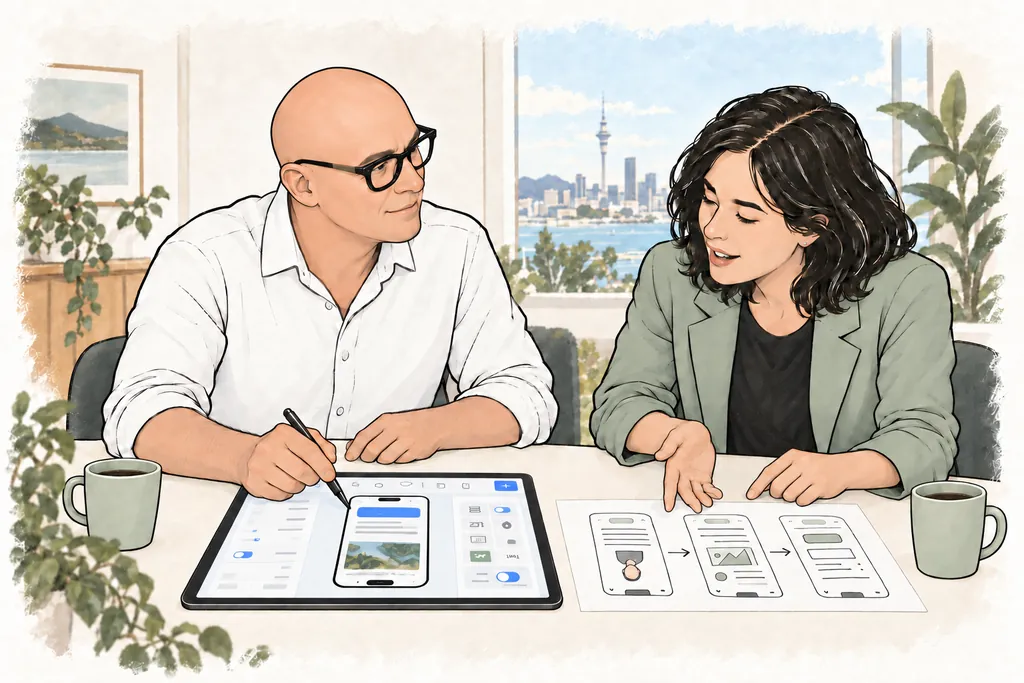 Martyn and a customer develop an app using a tablet laid flat on the desk and a separate paper sketch of three app screens, with both surfaces facing them.
