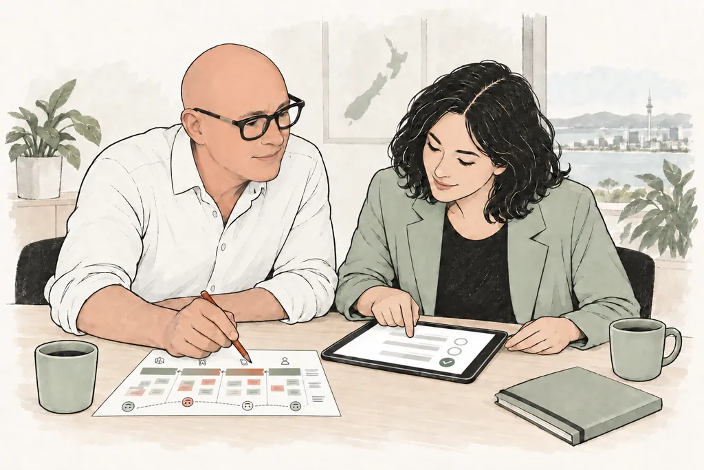 Martyn maps a customer journey on paper oriented towards him while a customer tries the experience on a tablet.