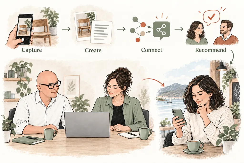 Capturing a product photo, creating content, connecting it with AI and recommending it to potential customers, above Martyn and a business owner working together with comfortable space between them.