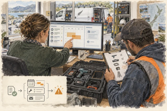 A scheduler resolves overlapping jobs while a technician checks equipment and identifies a missing item.