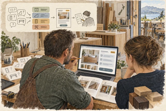 A joinery business owner checks draft website answers against real customer questions and service information.