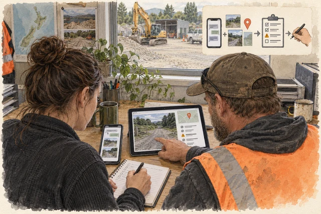 An earthworks team reviews an enquiry brief, site access photo and missing information before arranging a visit.