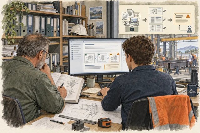 Engineers compare a retrieved answer and linked sources with a technical manual and current project drawing.