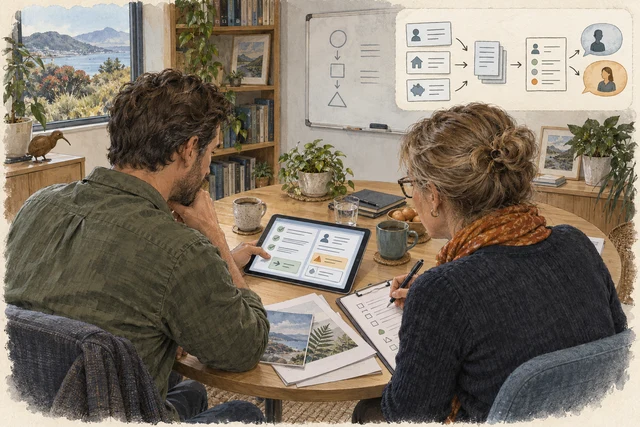 A customer explores a guided assessment while a consultant reviews its summary and suggested next steps.