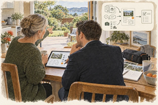 An agent and homeowner review a property brief, capture checklist and questions for their conversation.