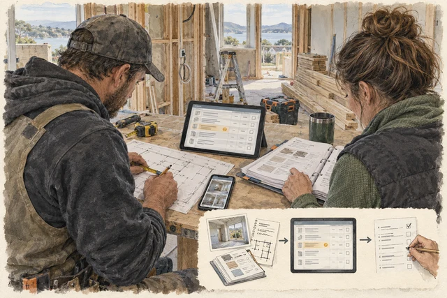 A builder and estimator check a draft quote against site measurements, photos and approved pricing.
