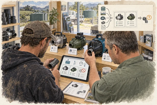 A pump specialist and customer compare suitable options and physically check a pipe fitting for compatibility.