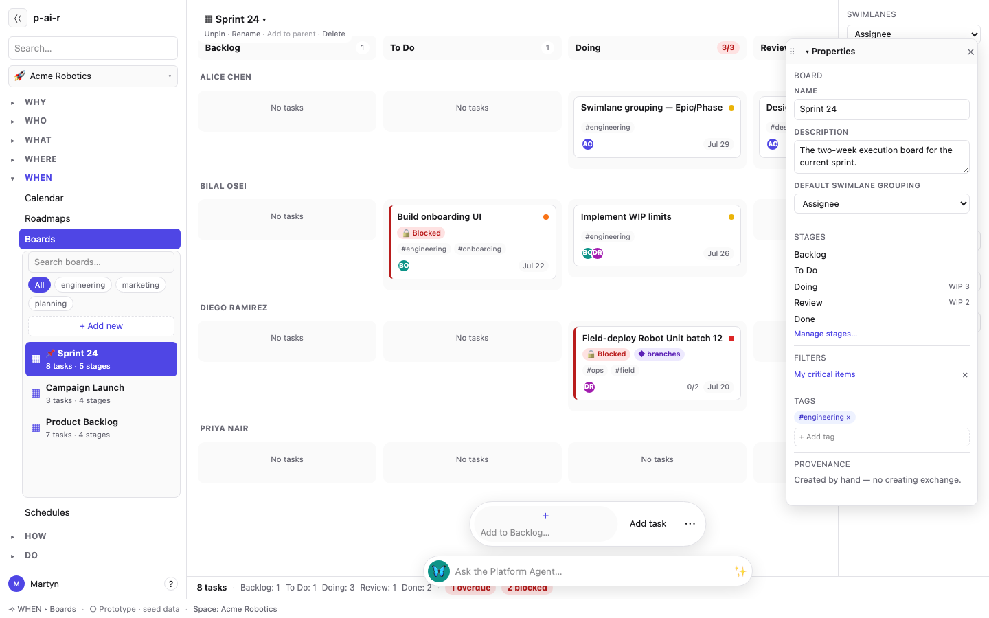 p-ai-r kanban surface with work moving through visible stages